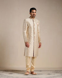 Manyavar Men Peach Cream Floral Patterned Sherwani Set