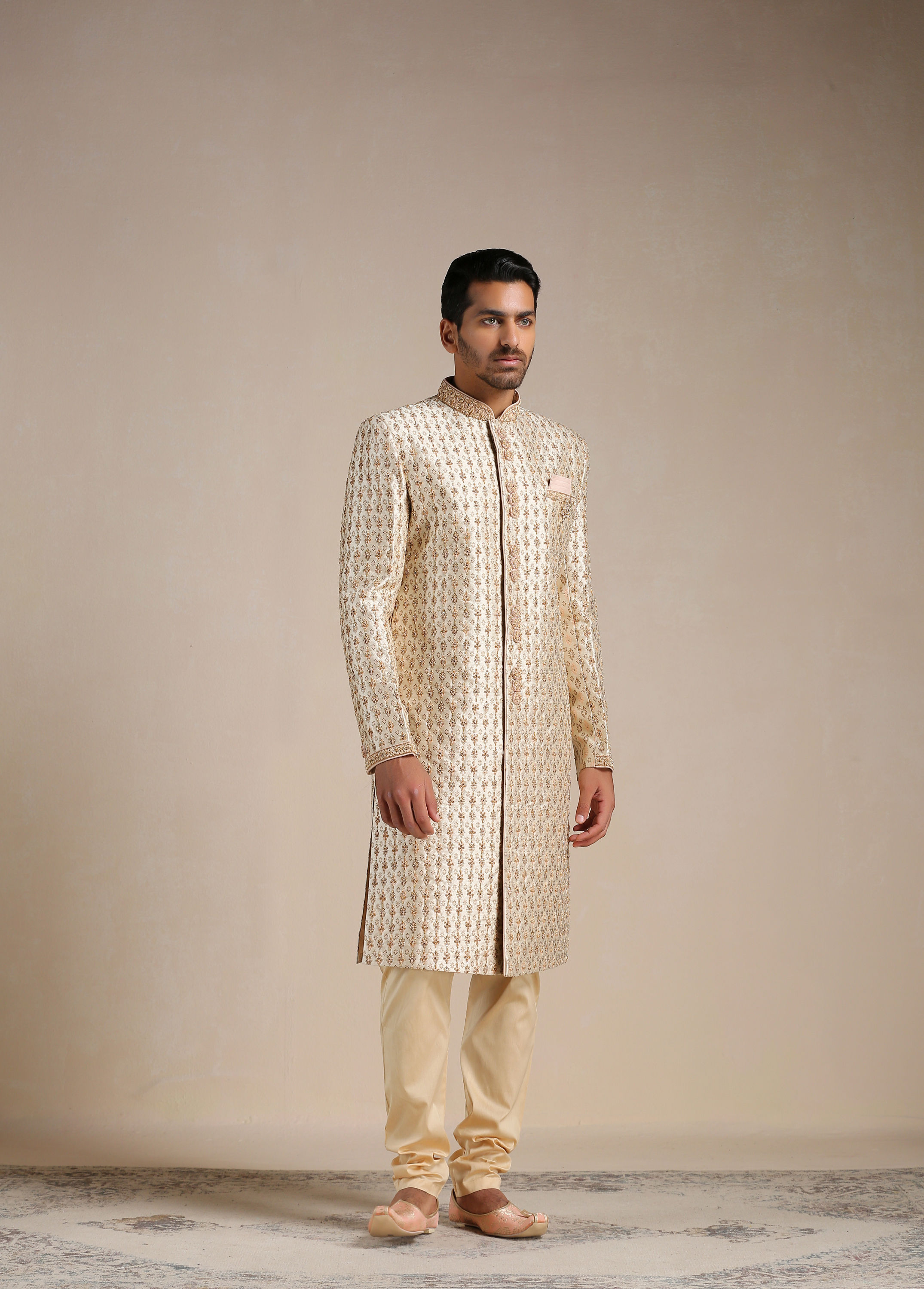 Manyavar Men Peach Cream Floral Patterned Sherwani Set