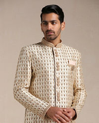 Manyavar Men Peach Cream Floral Patterned Sherwani Set