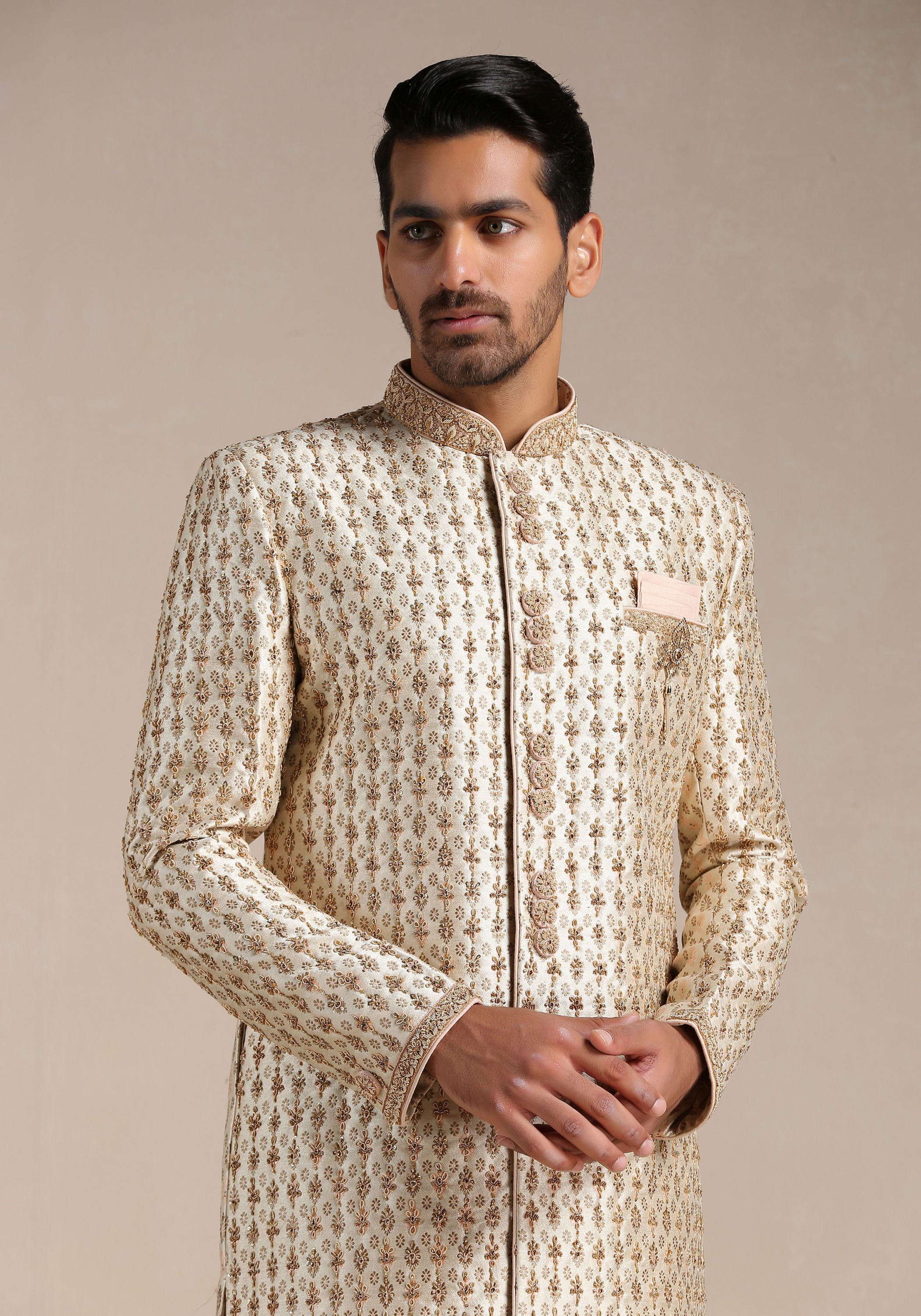 Manyavar Men Peach Cream Floral Patterned Sherwani Set