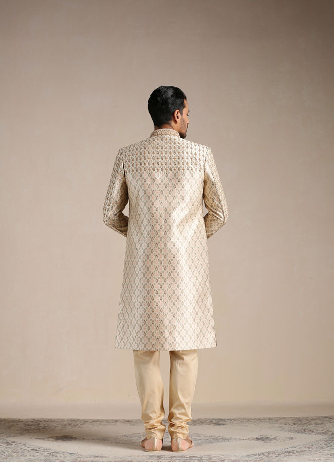 Manyavar Men Peach Cream Floral Patterned Sherwani Set