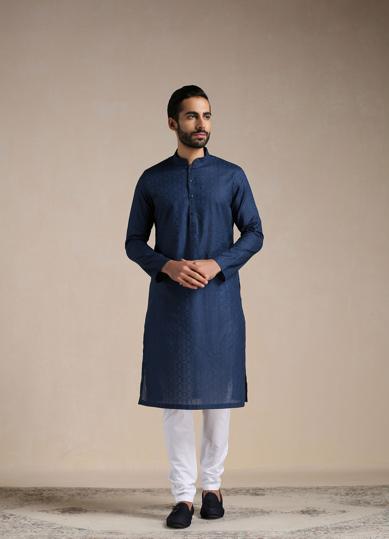 Manyavar Men Space Blue Self Design Kurta Set