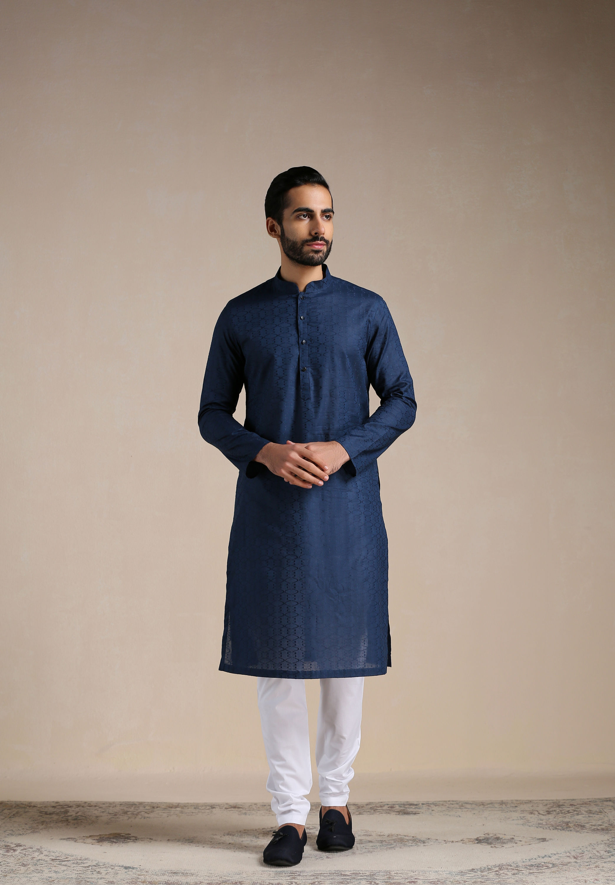 Manyavar Men Space Blue Self Design Kurta Set