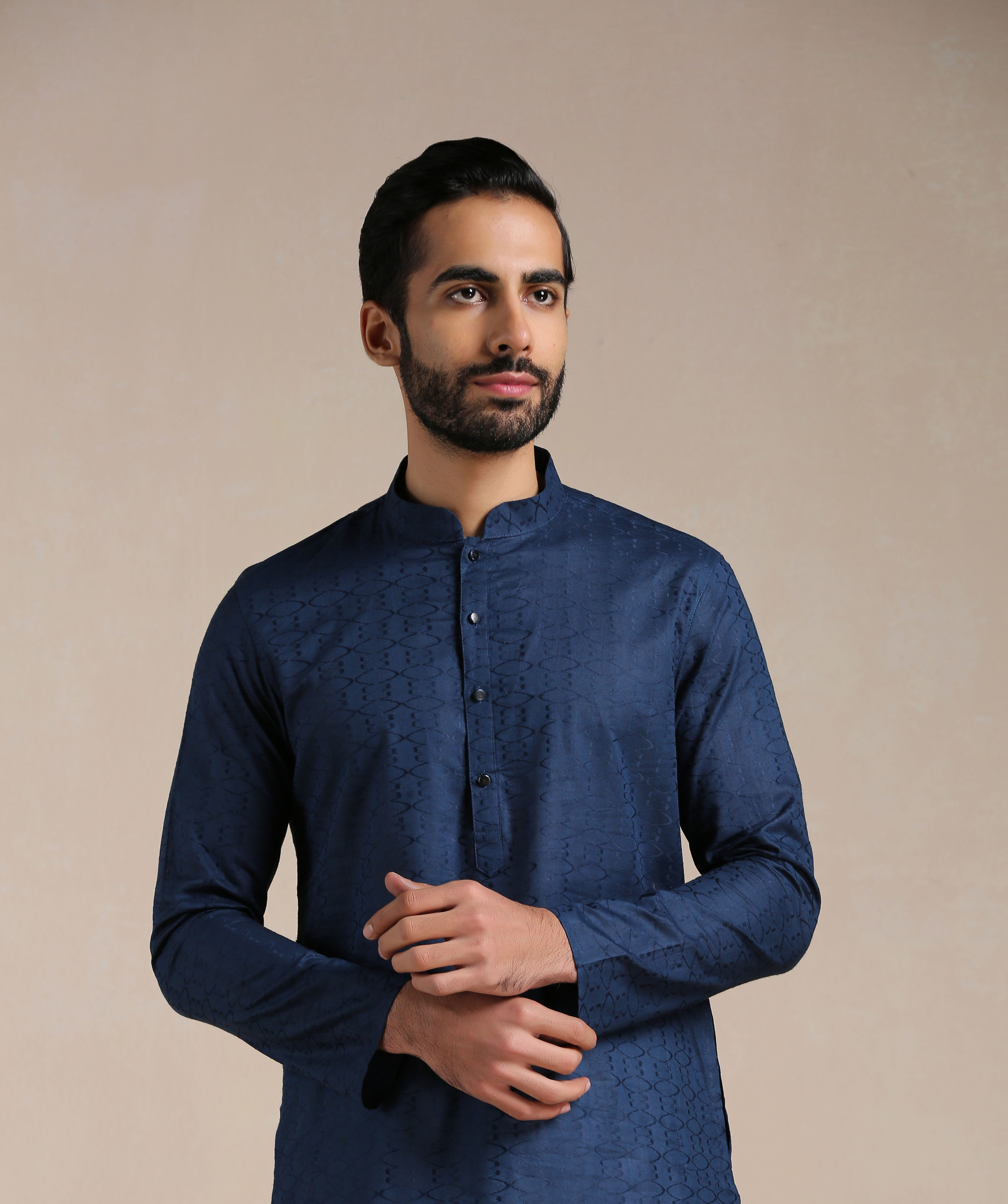 Manyavar Men Space Blue Self Design Kurta Set