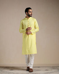 Manyavar Men Crayola Yellow Self Patterned Kurta Set