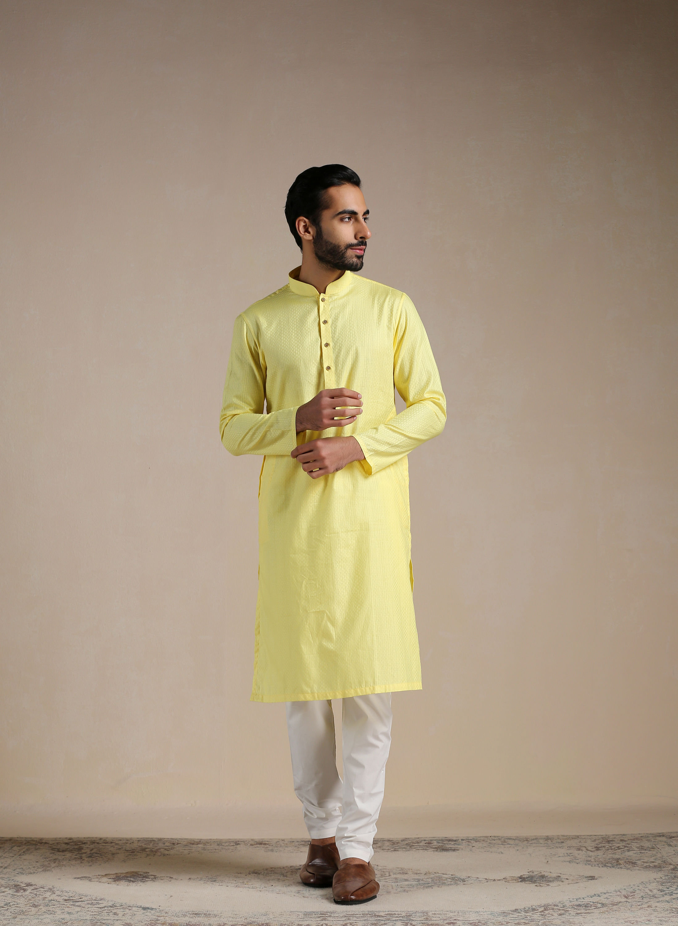 Manyavar Men Crayola Yellow Self Patterned Kurta Set