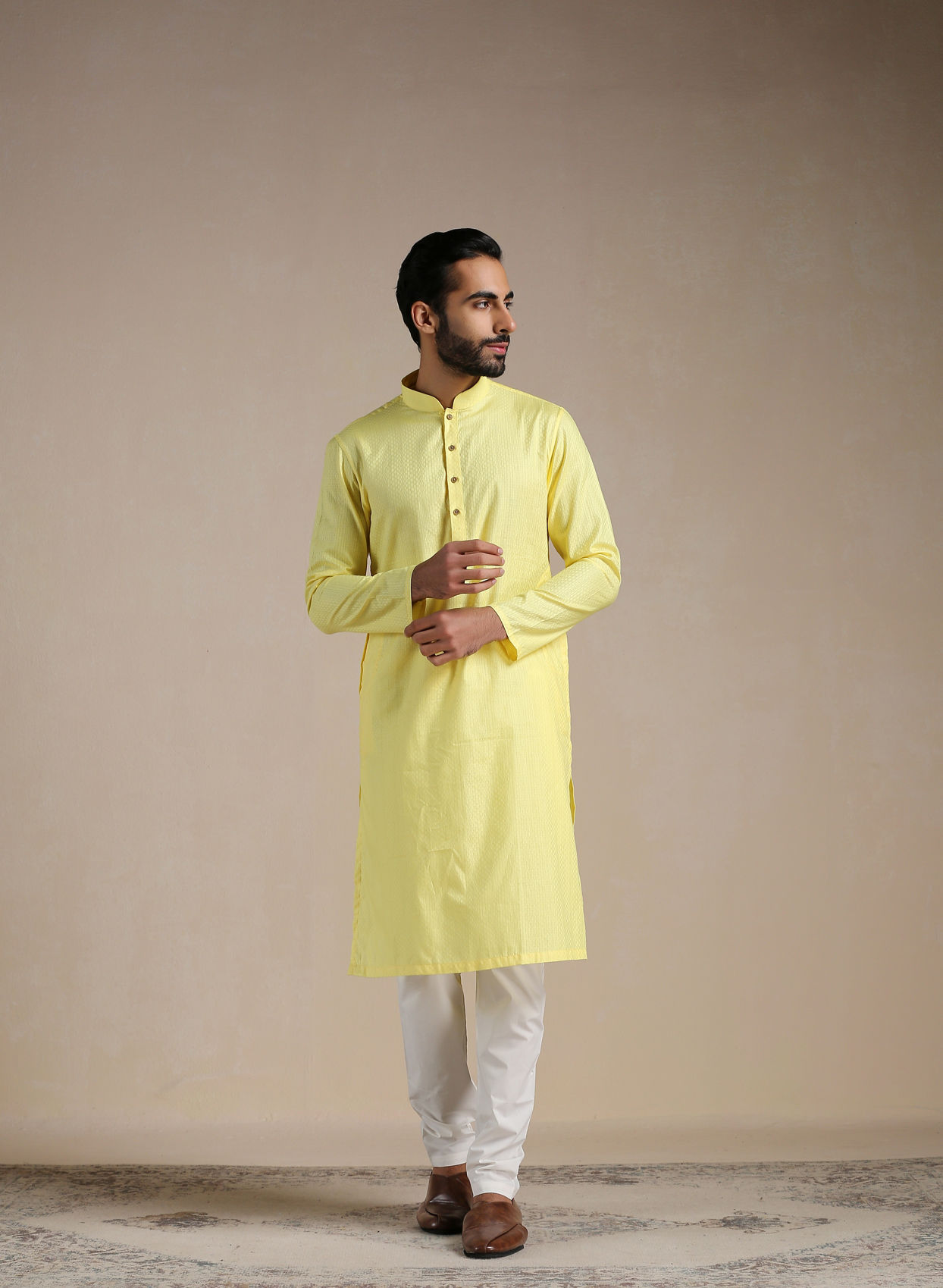 alt message - Manyavar Men Crayola Yellow Self Patterned Kurta Set image number 1