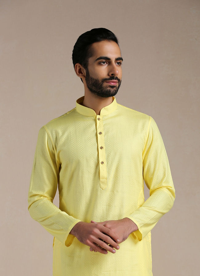 alt message - Manyavar Men Crayola Yellow Self Patterned Kurta Set image number 0