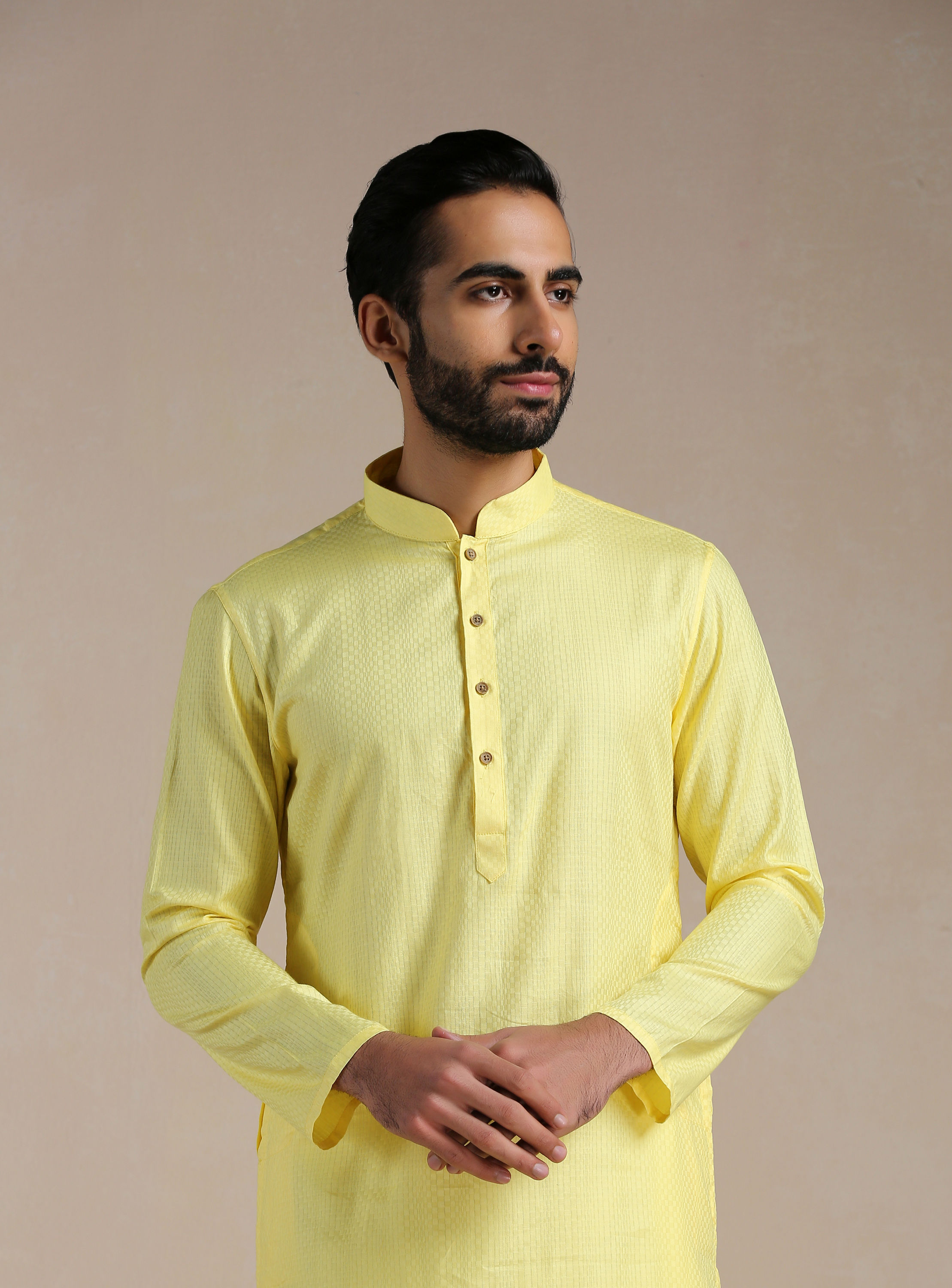 Manyavar Men Crayola Yellow Self Patterned Kurta Set