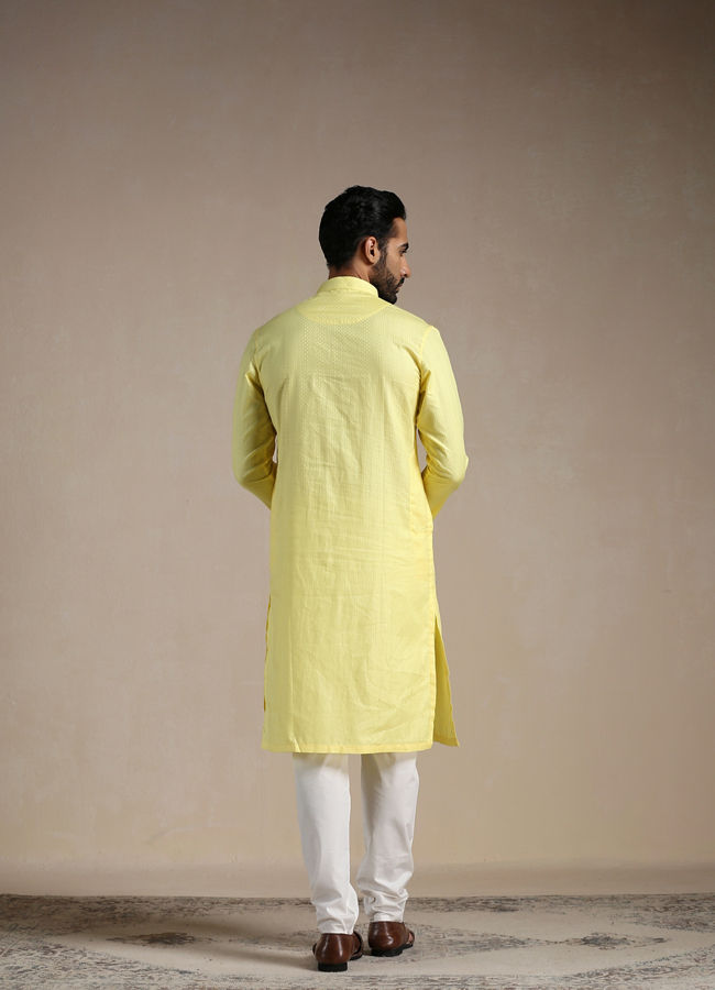 alt message - Manyavar Men Crayola Yellow Self Patterned Kurta Set image number 3