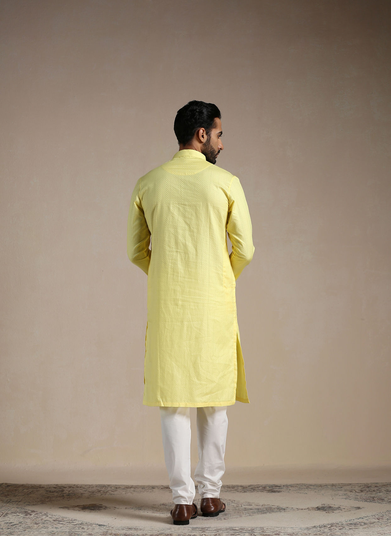 alt message - Manyavar Men Crayola Yellow Self Patterned Kurta Set image number 3