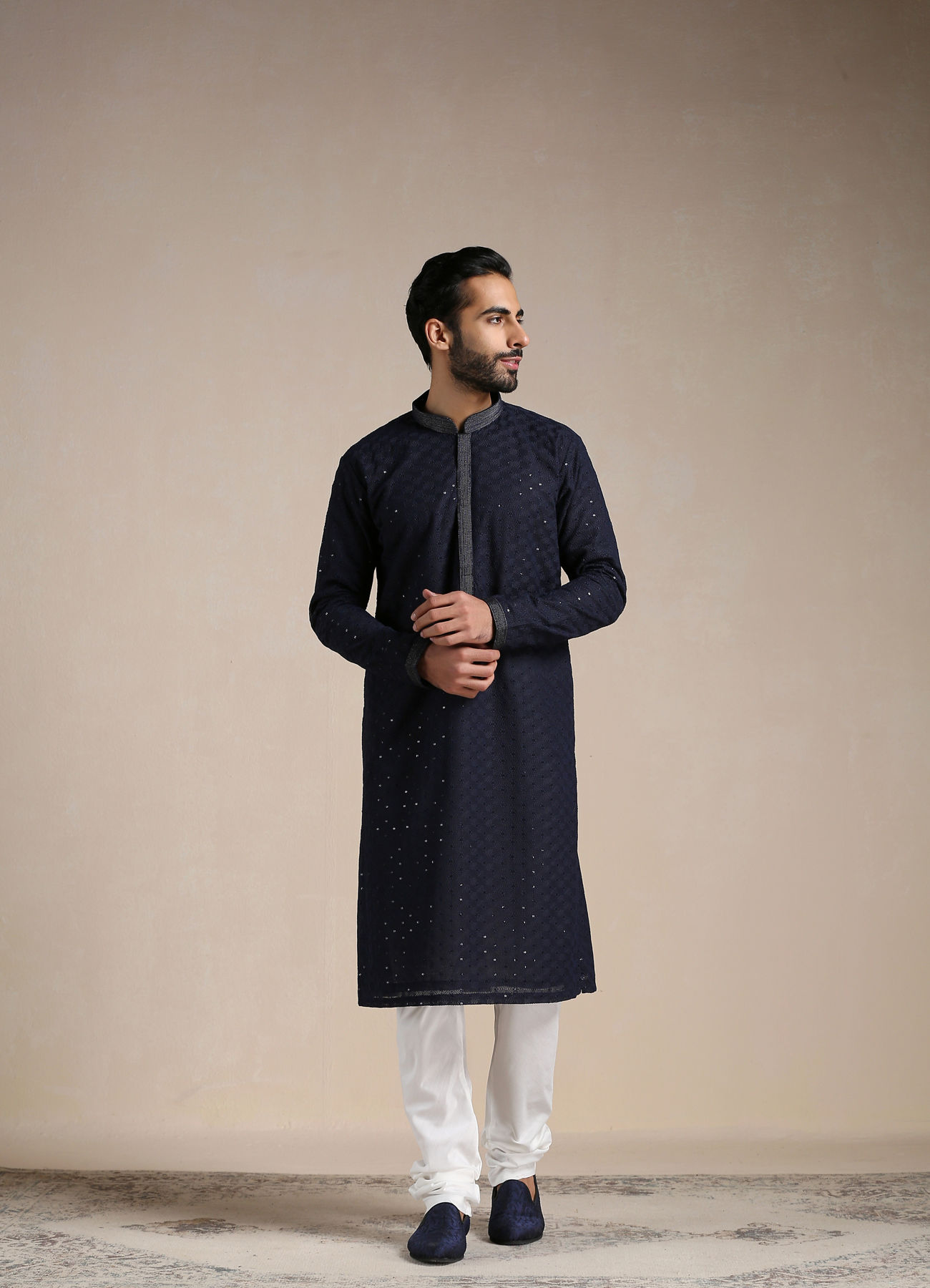 Manyavar Men Midnight Blue Sequined Kurta Set