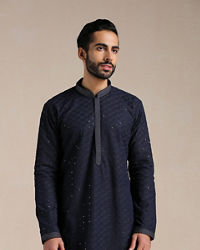 Manyavar Men Midnight Blue Sequined Kurta Set