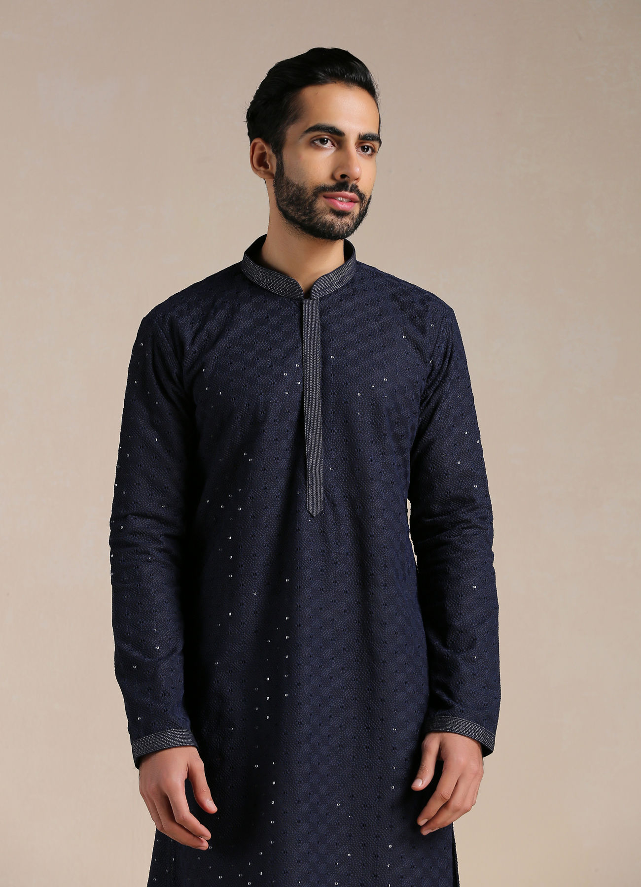 Manyavar Men Midnight Blue Sequined Kurta Set