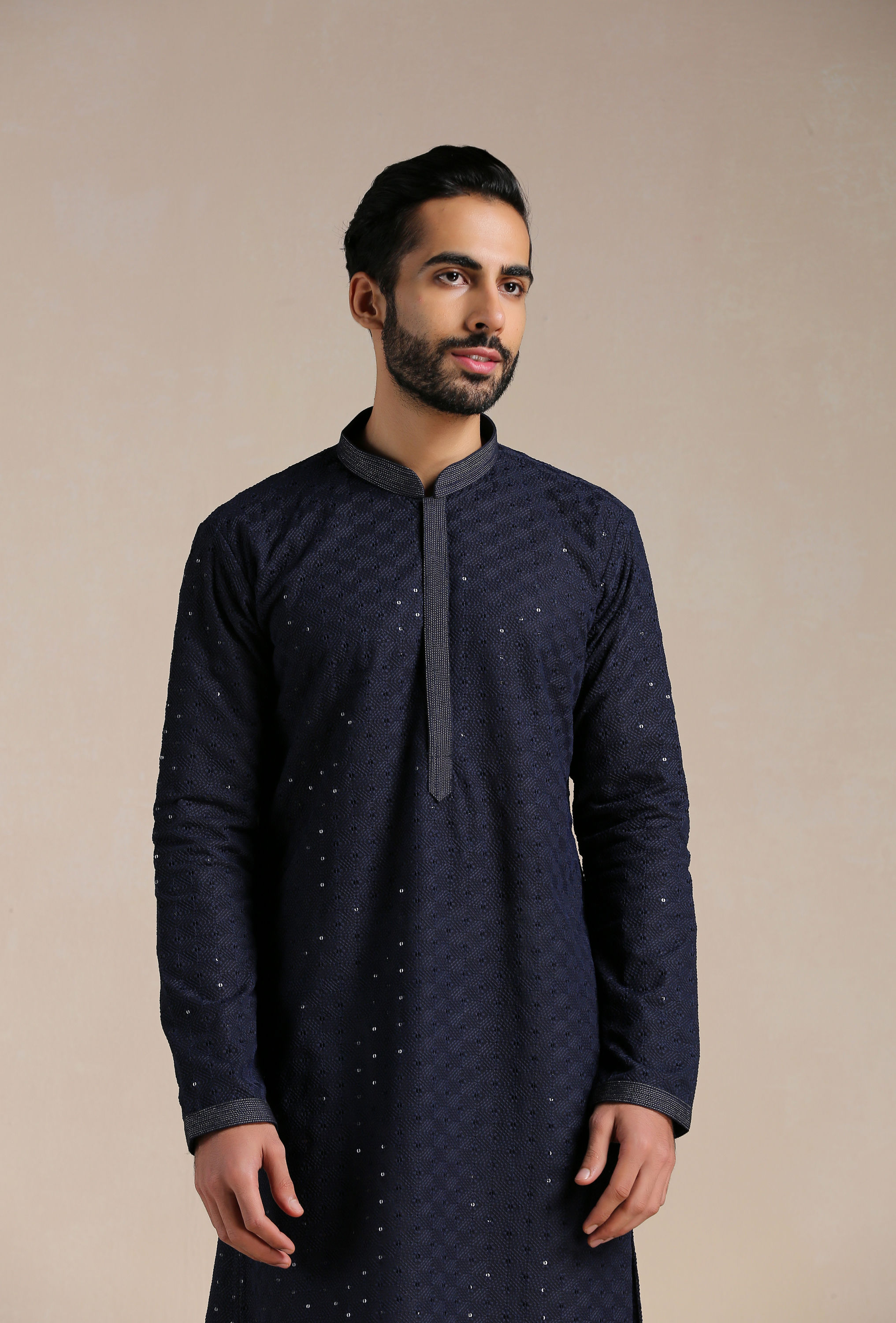 Manyavar Men Midnight Blue Sequined Kurta Set