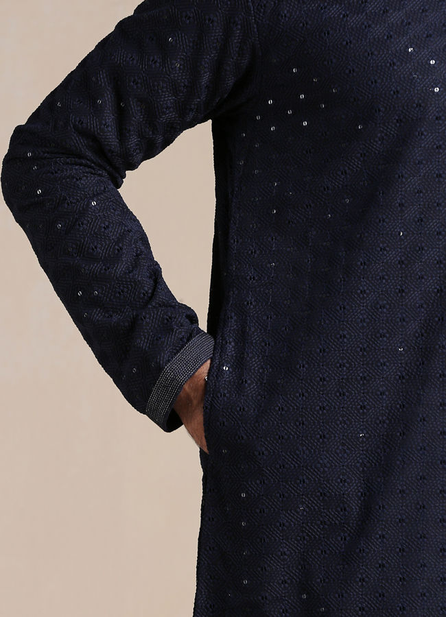 Manyavar Men Midnight Blue Sequined Kurta Set