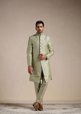 Manyavar Men Green Hand Embroidered Open Sherwani