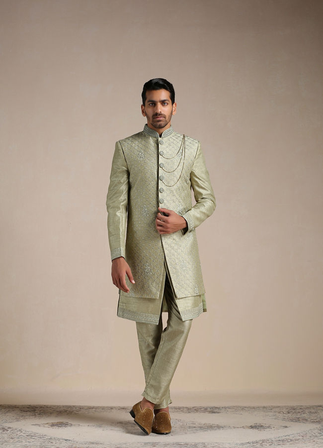 Manyavar Men Green Hand Embroidered Open Sherwani