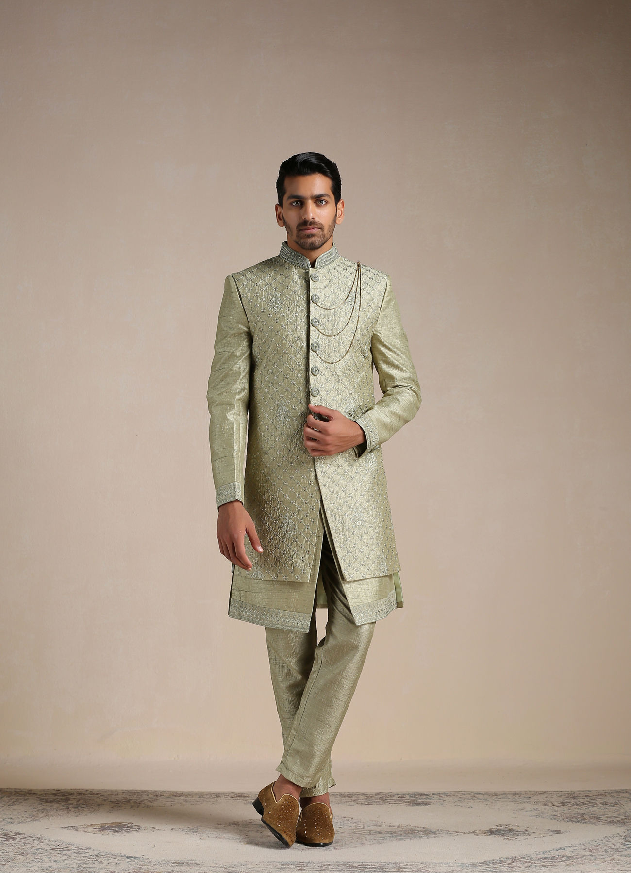 Manyavar Men Green Hand Embroidered Art Silk Sherwani