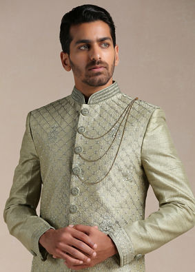 alt message - Manyavar Men Green Hand Embroidered Art Silk Sherwani image number 0