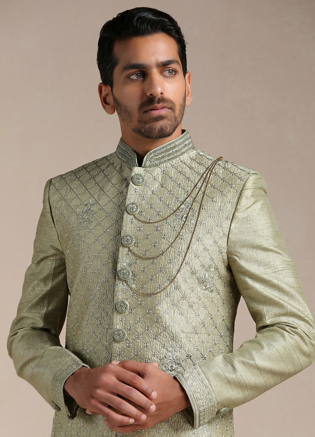 Manyavar Men Green Hand Embroidered Open Sherwani