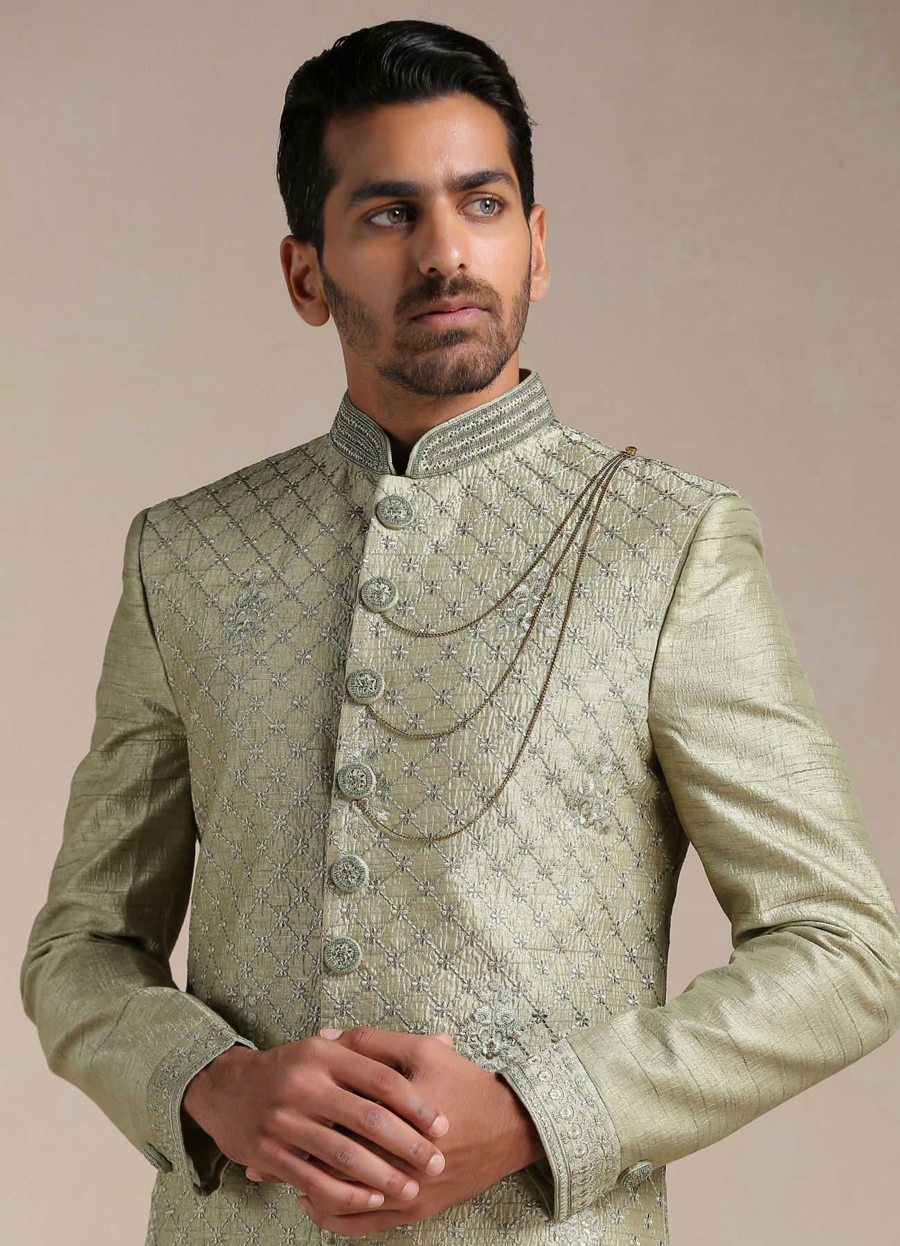 Manyavar Men Green Hand Embroidered Art Silk Sherwani