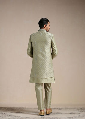 alt message - Manyavar Men Green Hand Embroidered Art Silk Sherwani image number 3