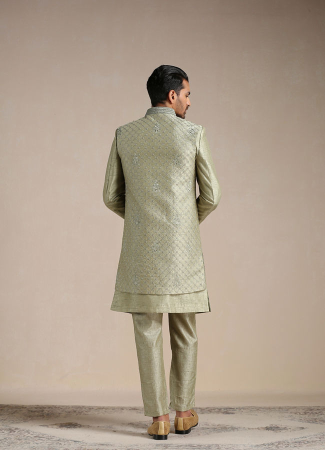 Manyavar Men Green Hand Embroidered Art Silk Sherwani