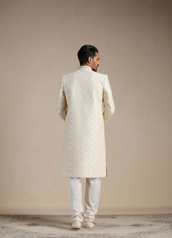 Manyavar Men Cream Diamond Patterned Sherwani Set