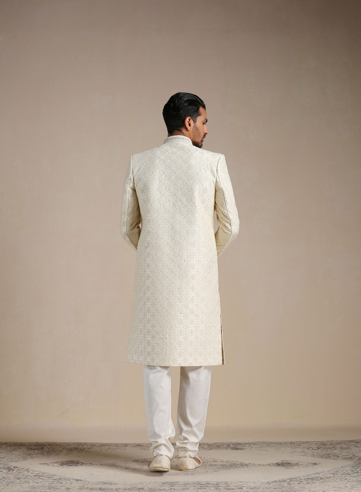 Manyavar Men Cream Diamond Patterned Sherwani Set