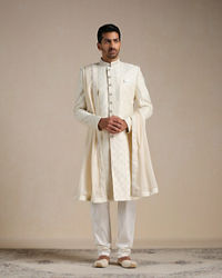 Manyavar Men Cream Diamond Patterned Sherwani Set