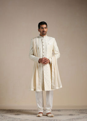 Manyavar Men Cream Diamond Patterned Sherwani Set