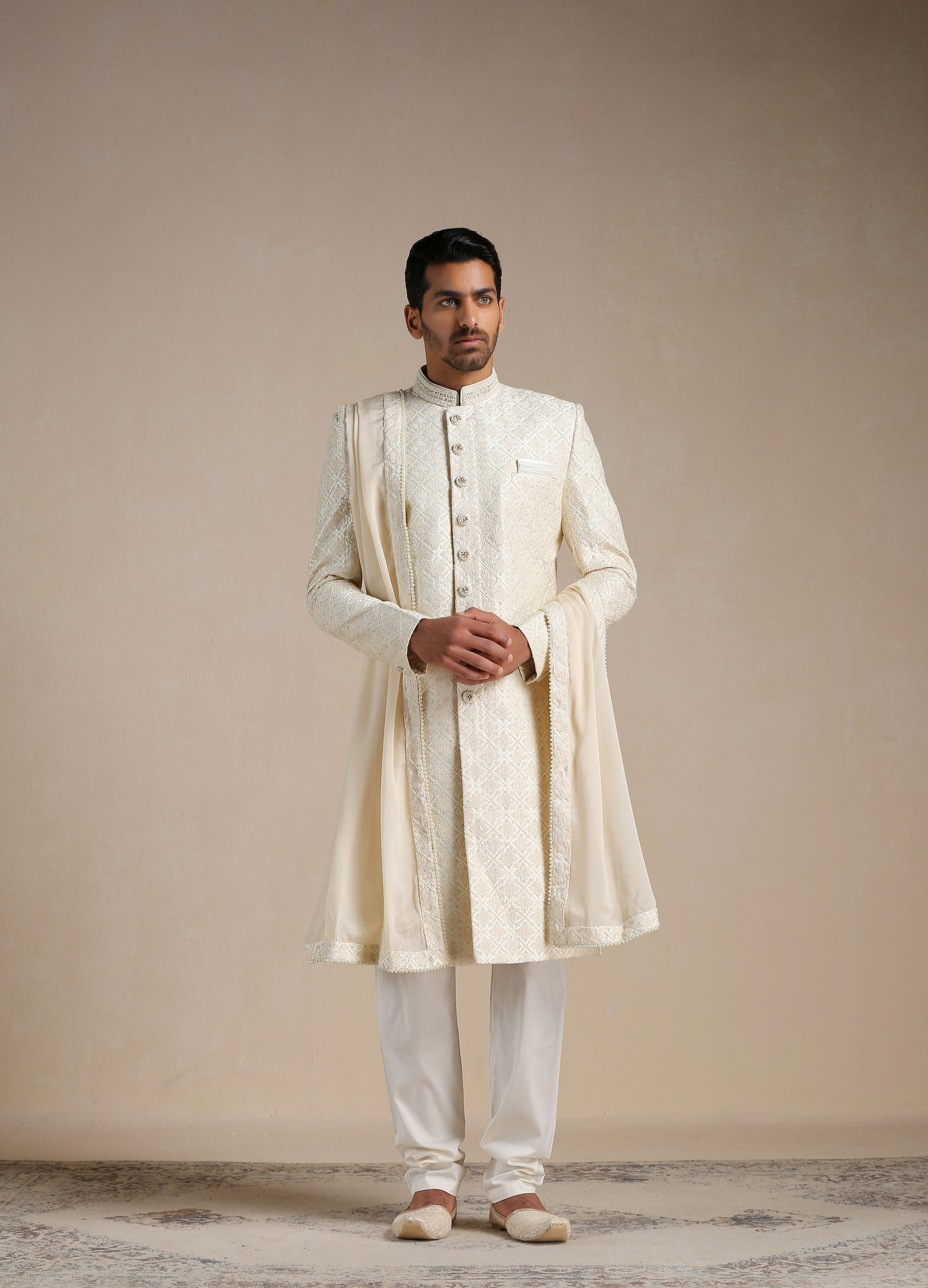 Manyavar Men Cream Diamond Patterned Sherwani Set