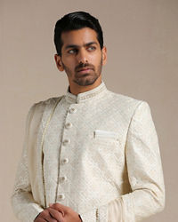 Manyavar Men Cream Diamond Patterned Sherwani Set