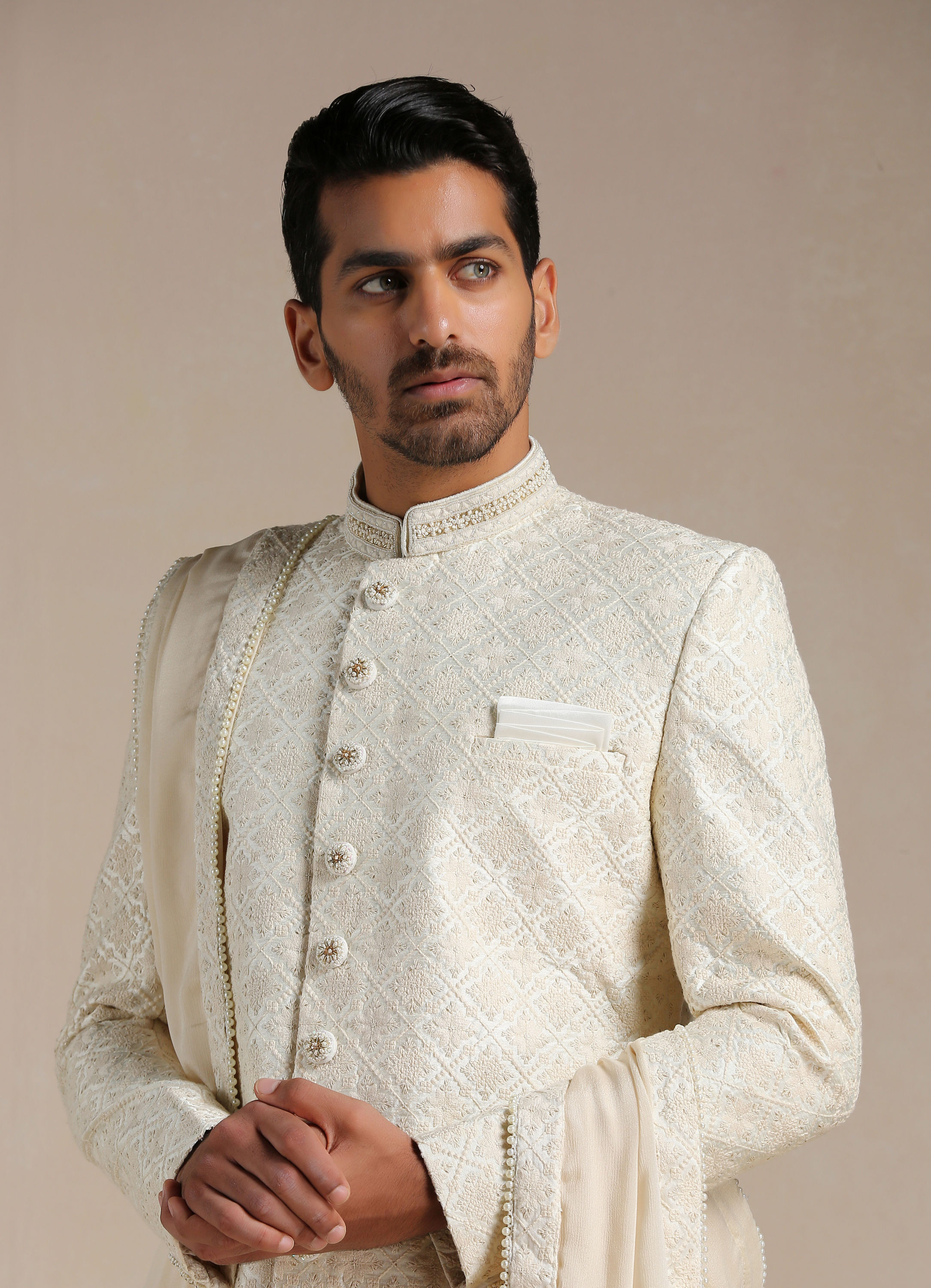 Manyavar Men Cream Diamond Patterned Sherwani Set