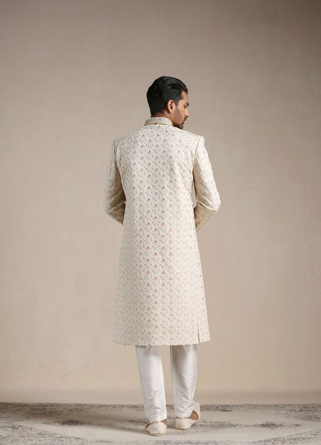 Manyavar Men Pearled Ivory Floral Patterned Sherwani Set