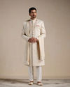 Manyavar Men Pearled Ivory Floral Patterned Sherwani Set