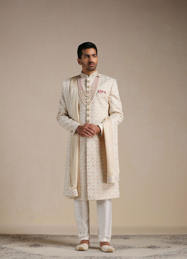 Manyavar Men Pearled Ivory Floral Patterned Sherwani Set