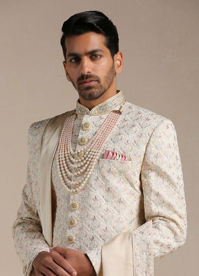 Manyavar Men Pearled Ivory Floral Patterned Sherwani Set