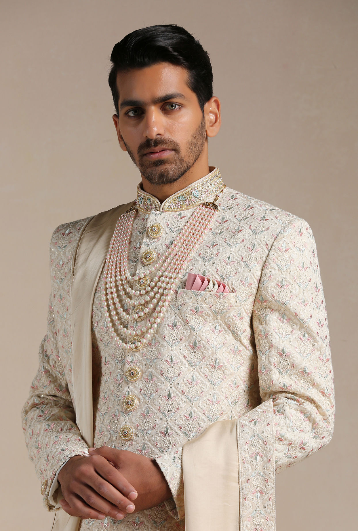 Manyavar Men Pearled Ivory Floral Patterned Sherwani Set