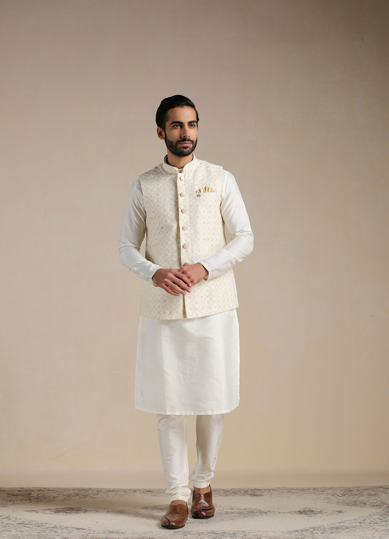 Manyavar Men Antique White Kurta and Jacket Set