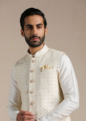 alt message - Manyavar Men Antique White Kurta and Jacket Set image number 0