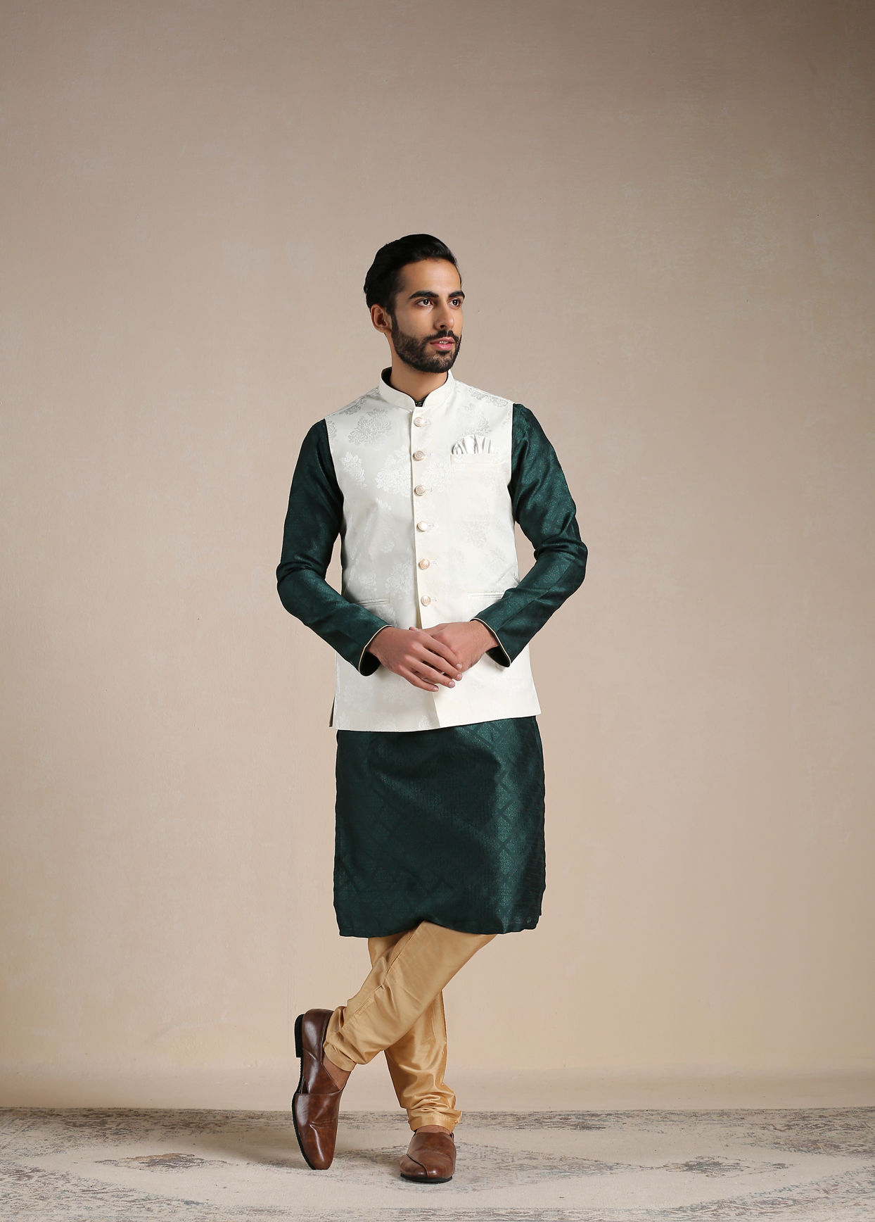 Manyavar Men Pearled Ivory Self Patterned Half Jacket