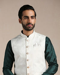 Manyavar Men Pearled Ivory Self Patterned Half Jacket