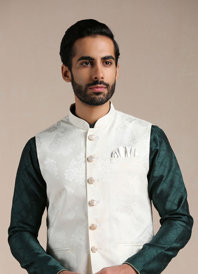 alt message - Manyavar Men Pearled Ivory Self Patterned Half Jacket image number 0