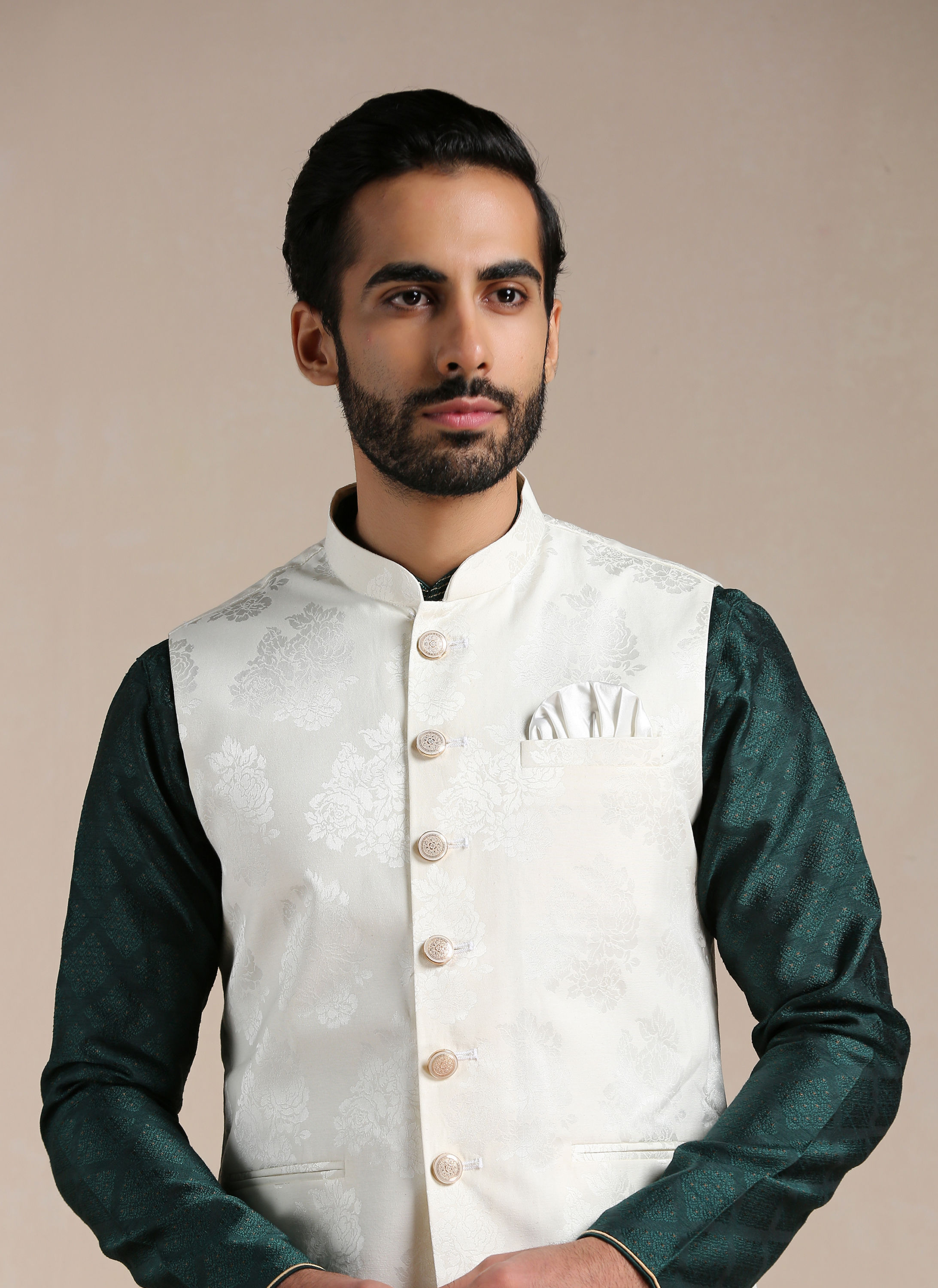 Manyavar Men Pearled Ivory Self Patterned Half Jacket