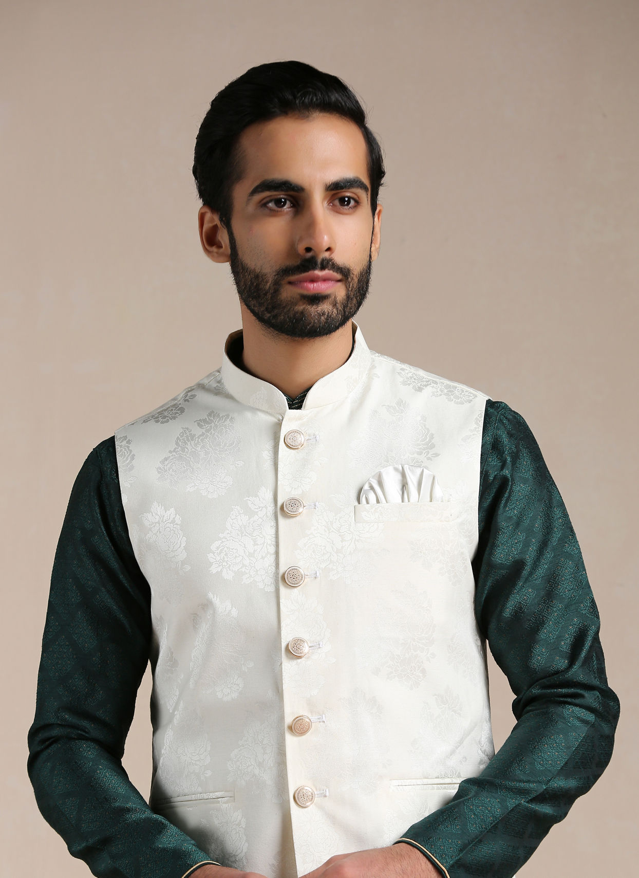 alt message - Manyavar Men Pearled Ivory Self Patterned Half Jacket image number 0