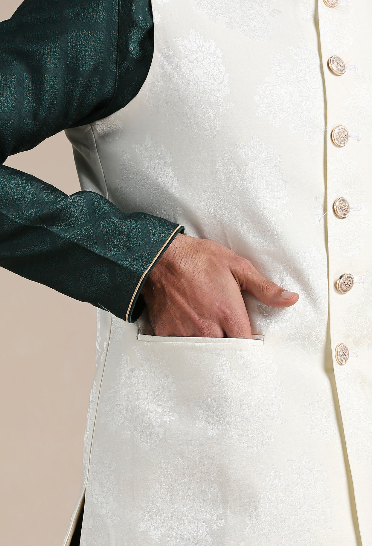 Manyavar Men Pearled Ivory Self Patterned Half Jacket