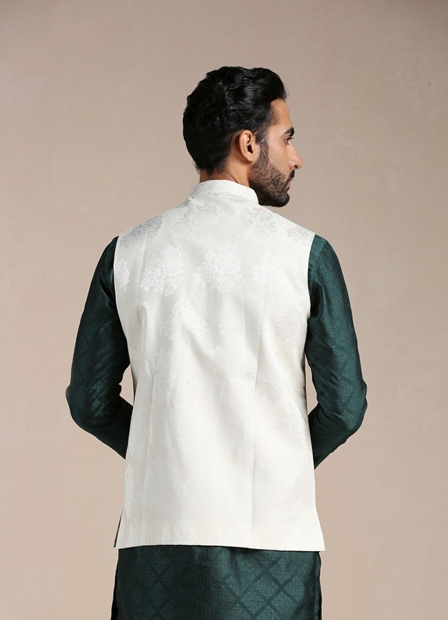 alt message - Manyavar Men Pearled Ivory Self Patterned Half Jacket image number 3