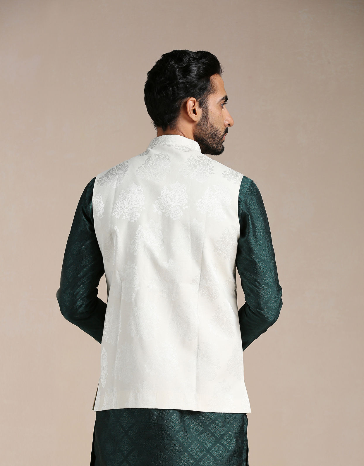 alt message - Manyavar Men Pearled Ivory Self Patterned Half Jacket image number 3